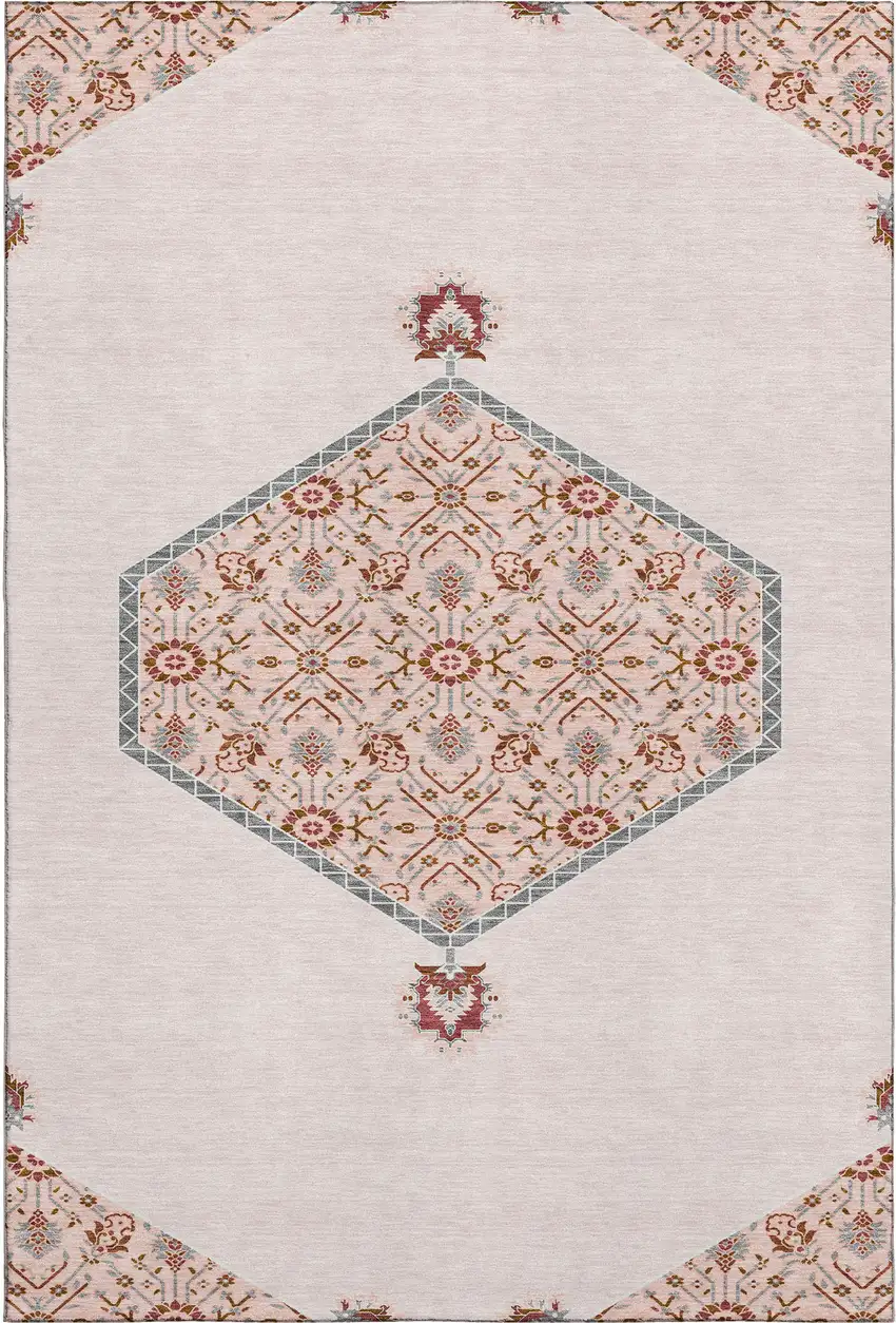 Pink Burgundy And Gray Oriental Washable Area Rug With UV Protection Photo 1