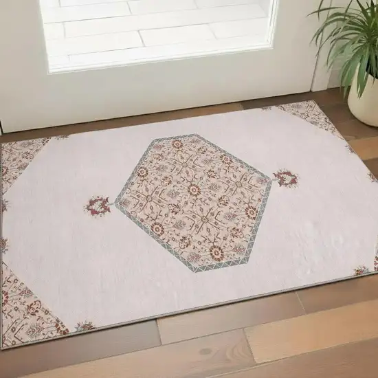 Pink Burgundy And Gray Oriental Washable Area Rug With UV Protection Photo 2