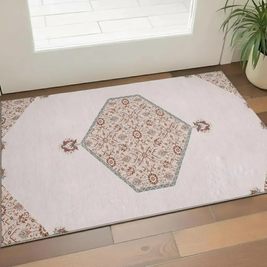 Pink Burgundy And Gray Oriental Washable Area Rug With UV Protection Photo 2