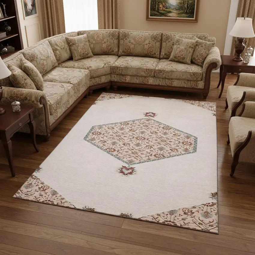 Pink Burgundy And Gray Oriental Washable Area Rug With UV Protection Photo 2