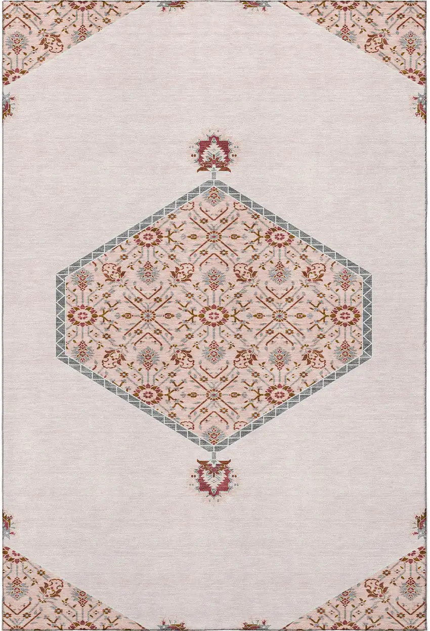 Pink Burgundy And Gray Oriental Washable Area Rug With UV Protection Photo 3