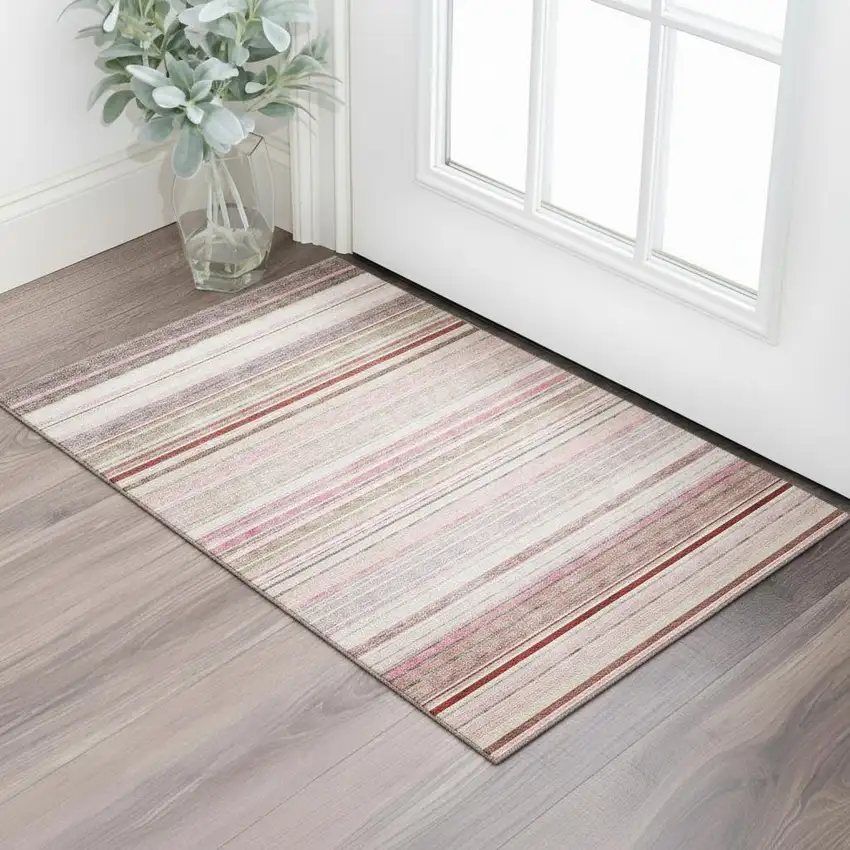Pink Burgundy And Ivory Striped Washable Area Rug With UV Protection Photo 2