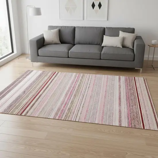 Pink Burgundy And Ivory Striped Washable Area Rug With UV Protection Photo 2