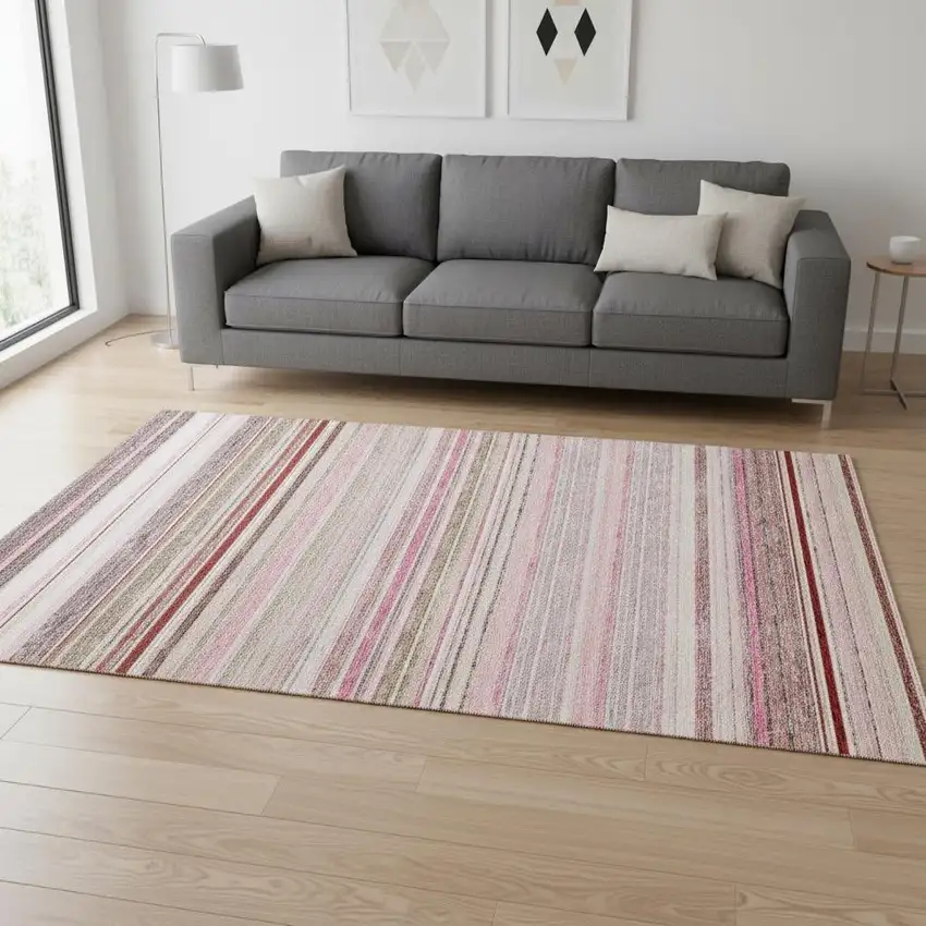 Pink Burgundy And Ivory Striped Washable Area Rug With UV Protection Photo 2