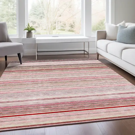 Pink Burgundy And Ivory Striped Washable Area Rug With UV Protection Photo 5