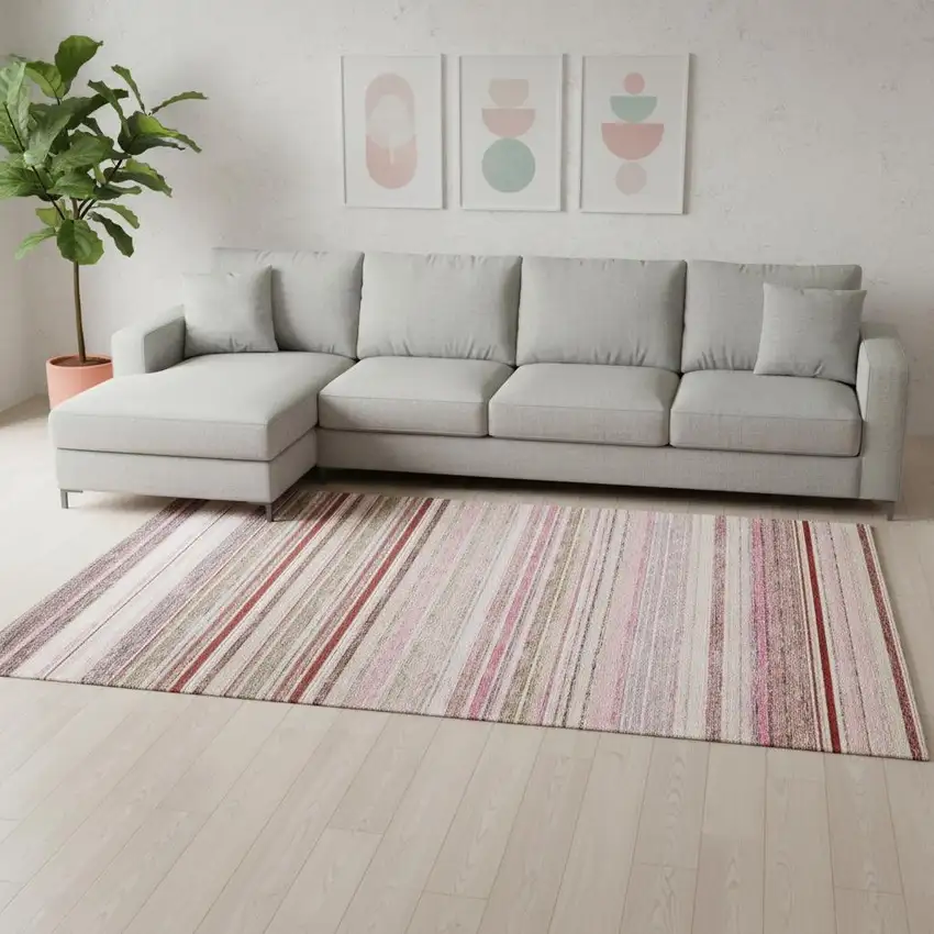 Pink Burgundy And Ivory Striped Washable Area Rug With UV Protection Photo 2