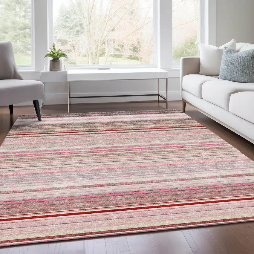 Pink Burgundy And Ivory Striped Washable Area Rug With UV Protection Photo 4