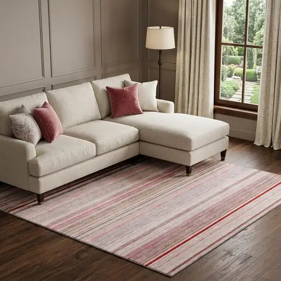 Pink Burgundy And Ivory Striped Washable Area Rug With UV Protection Photo 1
