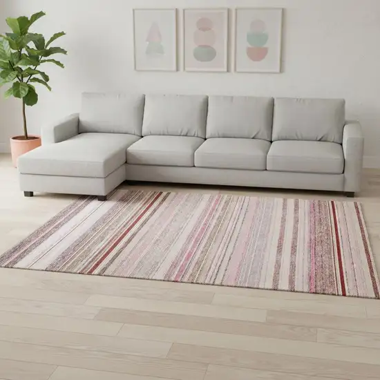 Pink Burgundy And Ivory Striped Washable Area Rug With UV Protection Photo 2