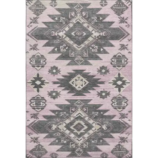 Pink Charcoal And Gray Tribal Washable Area Rug With UV Protection Photo 1