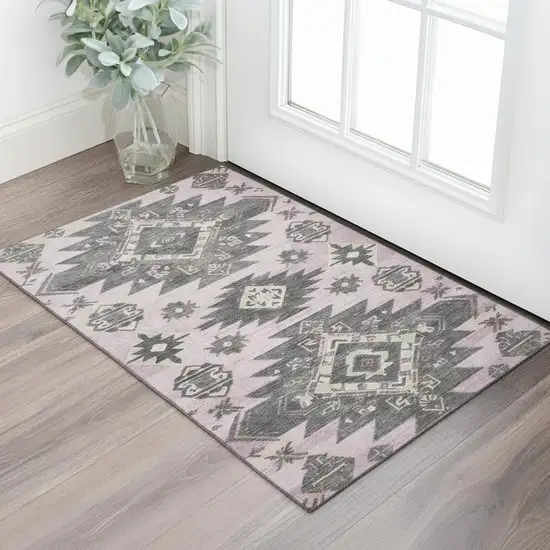 Pink Charcoal And Gray Tribal Washable Area Rug With UV Protection Photo 2