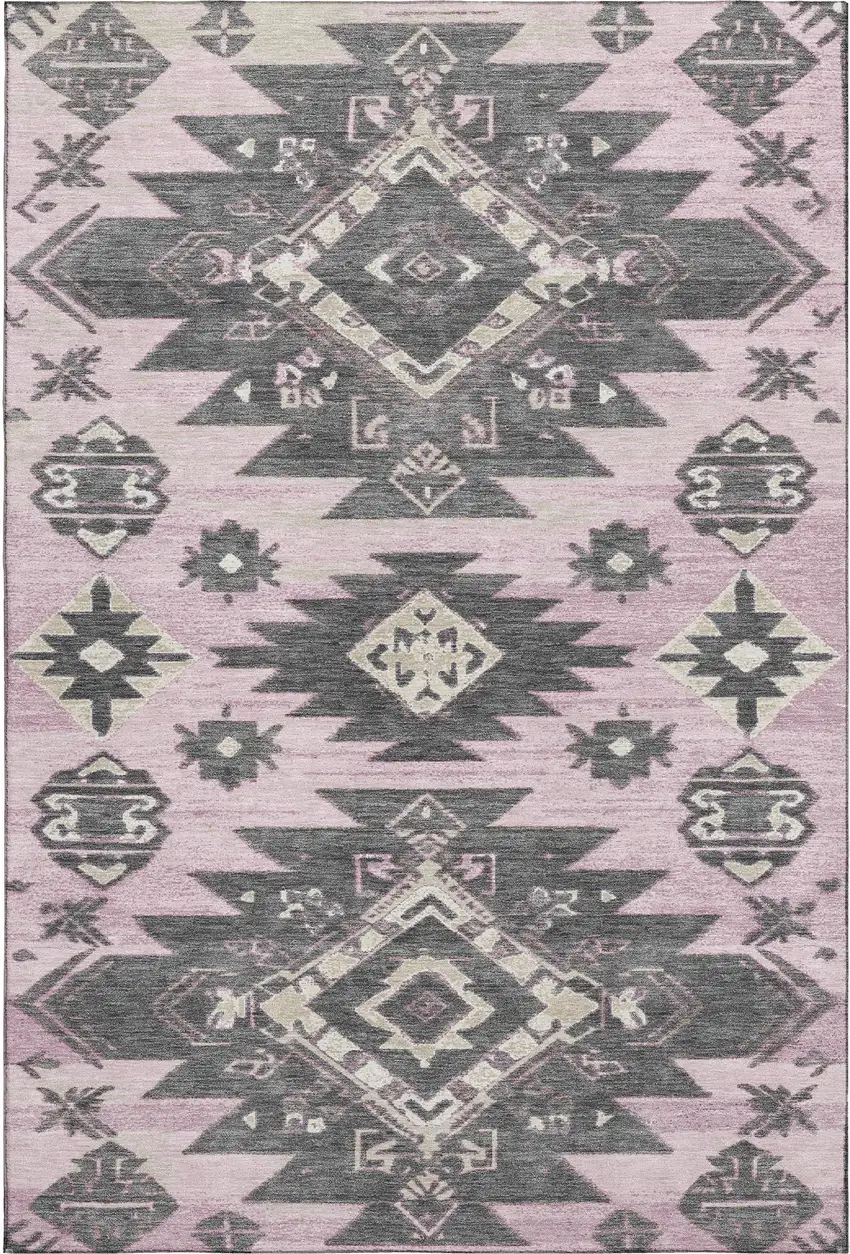 Pink Charcoal And Gray Tribal Washable Area Rug With UV Protection Photo 1