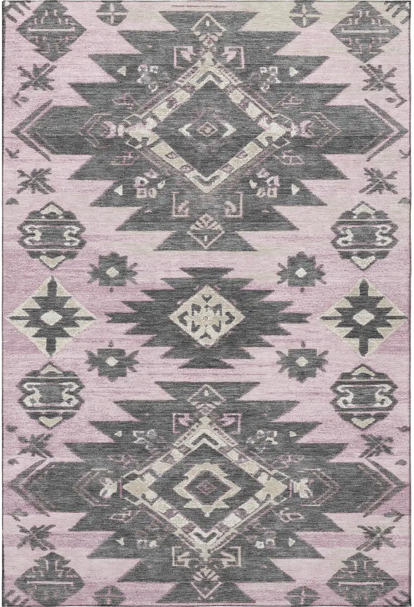 Pink Charcoal And Gray Tribal Washable Area Rug With UV Protection Photo 3