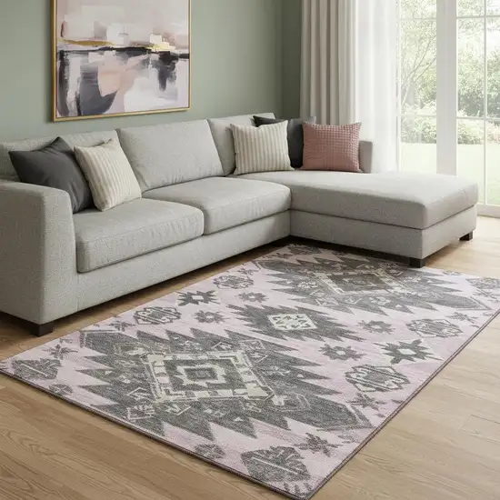 Pink Charcoal And Gray Tribal Washable Area Rug With UV Protection Photo 2