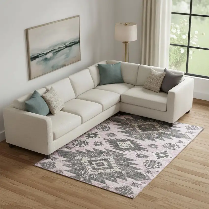 Pink Charcoal And Gray Tribal Washable Area Rug With UV Protection Photo 2