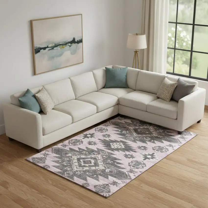 Pink Charcoal And Gray Tribal Washable Area Rug With UV Protection Photo 2