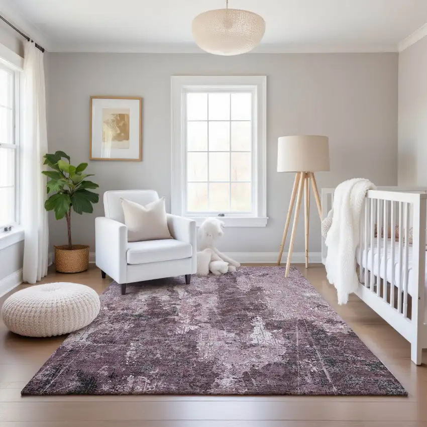 Pink Charcoal And Ivory Abstract Washable Area Rug With UV Protection Photo 5