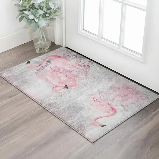 Pink Charcoal And Ivory Geometric Washable Area Rug With UV Protection Photo 1