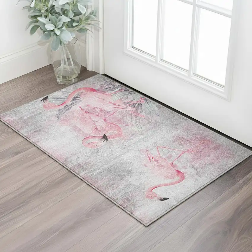Pink Charcoal And Ivory Geometric Washable Area Rug With UV Protection Photo 1