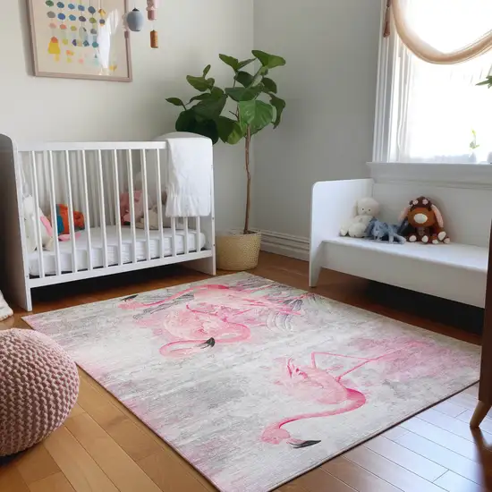 Pink Charcoal And Ivory Geometric Washable Area Rug With UV Protection Photo 5