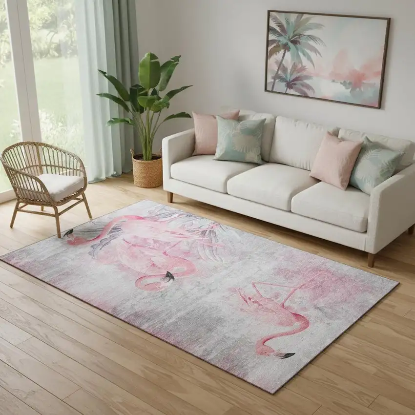 Pink Charcoal And Ivory Geometric Washable Area Rug With UV Protection Photo 1