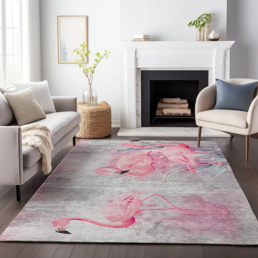 Pink Charcoal And Ivory Geometric Washable Area Rug With UV Protection Photo 6
