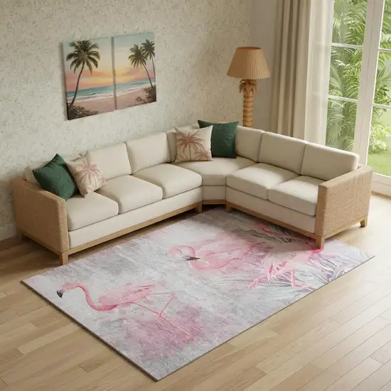 Pink Charcoal And Ivory Geometric Washable Area Rug With UV Protection Photo 1