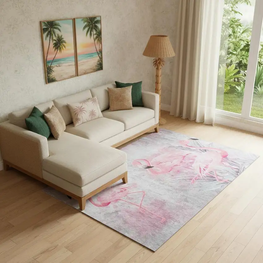 Pink Charcoal And Ivory Geometric Washable Area Rug With UV Protection Photo 1