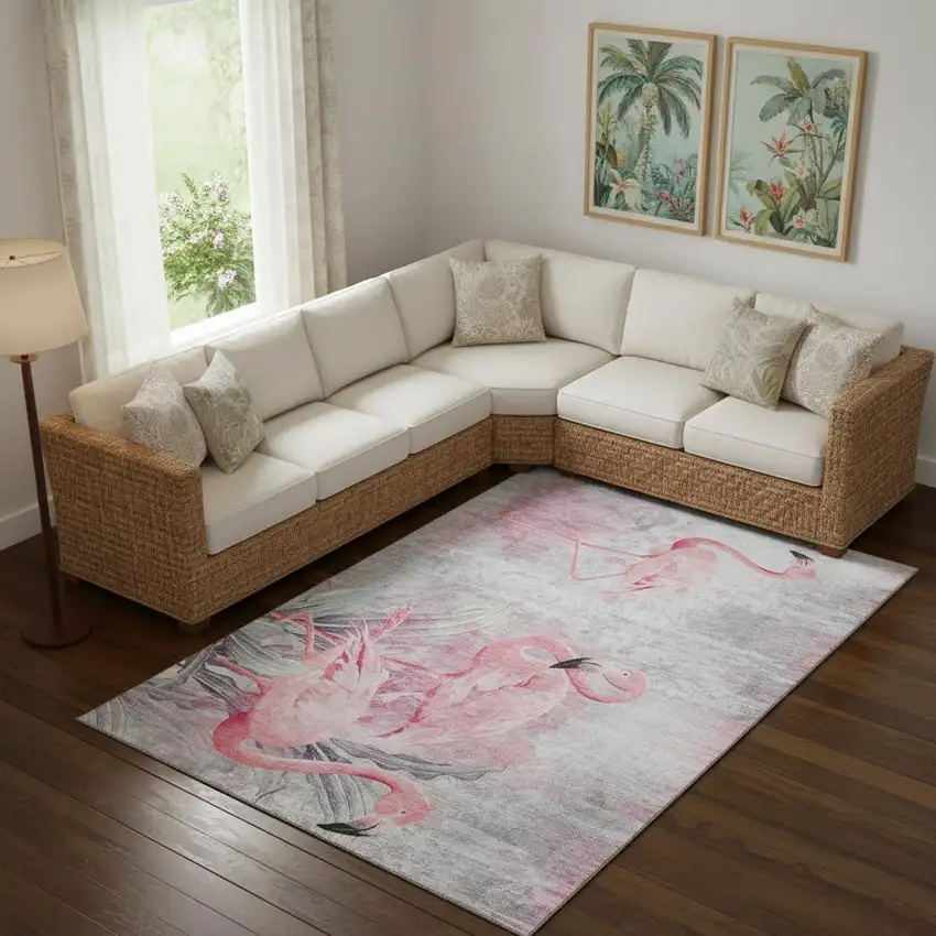 Pink Charcoal And Ivory Geometric Washable Area Rug With UV Protection Photo 1