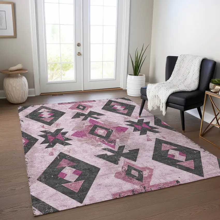 Pink Charcoal And Mauve Aztec Washable Indoor Outdoor Area Rug Photo 6