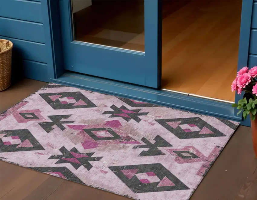 Pink Charcoal And Mauve Aztec Washable Indoor Outdoor Area Rug Photo 2