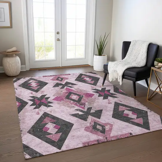 Pink Charcoal And Mauve Aztec Washable Indoor Outdoor Area Rug Photo 6