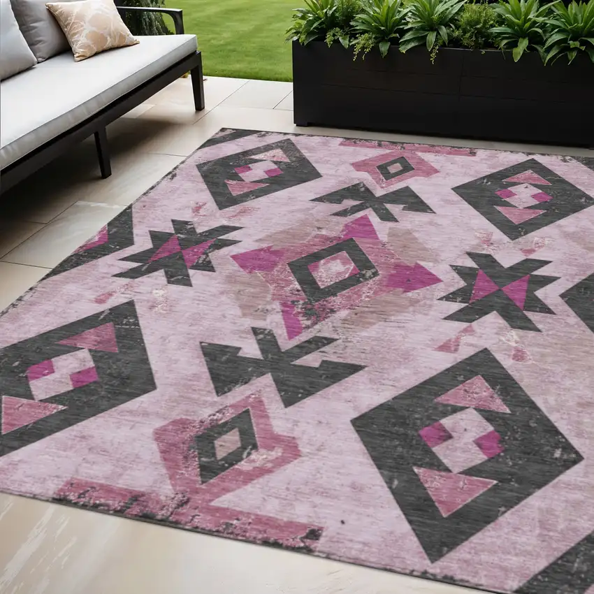 Pink Charcoal And Mauve Aztec Washable Indoor Outdoor Area Rug Photo 2