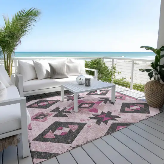 Pink Charcoal And Mauve Aztec Washable Indoor Outdoor Area Rug Photo 5