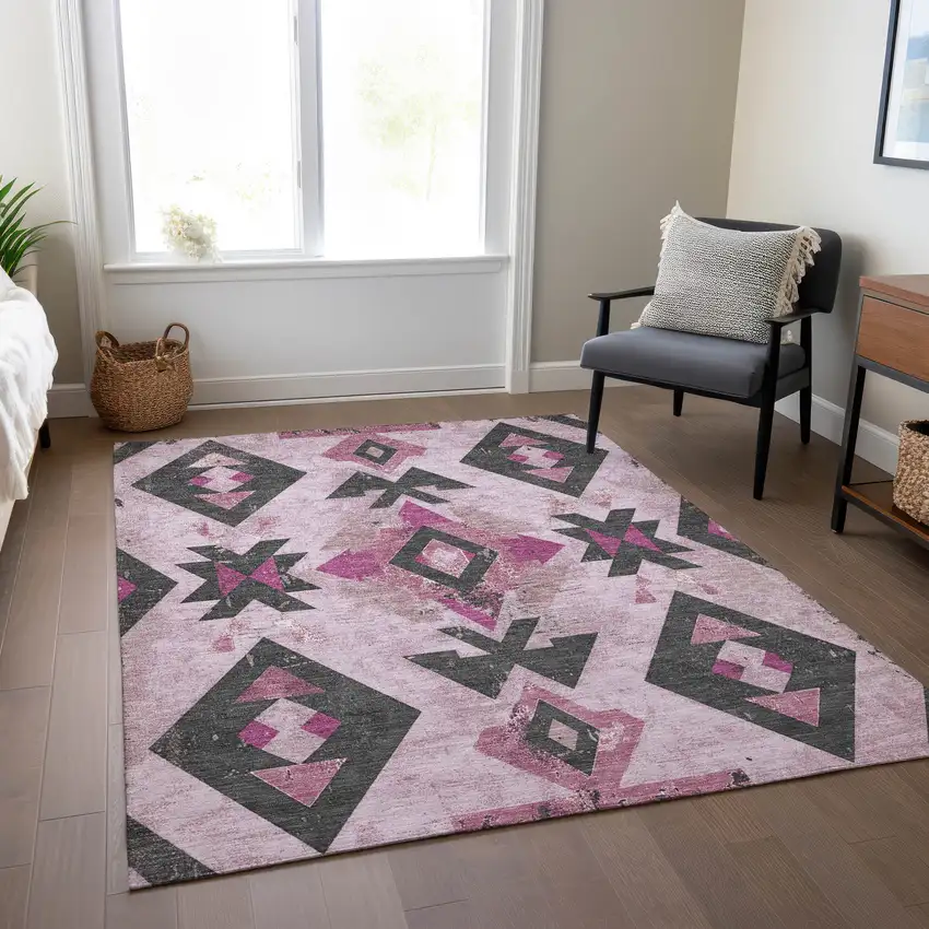 Pink Charcoal And Mauve Aztec Washable Indoor Outdoor Area Rug Photo 7