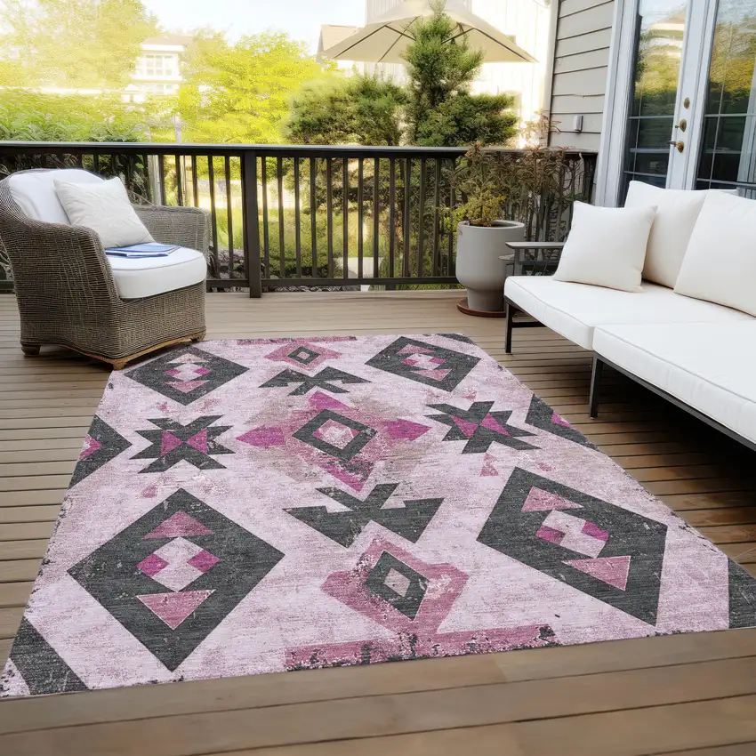 Pink Charcoal And Mauve Aztec Washable Indoor Outdoor Area Rug Photo 8