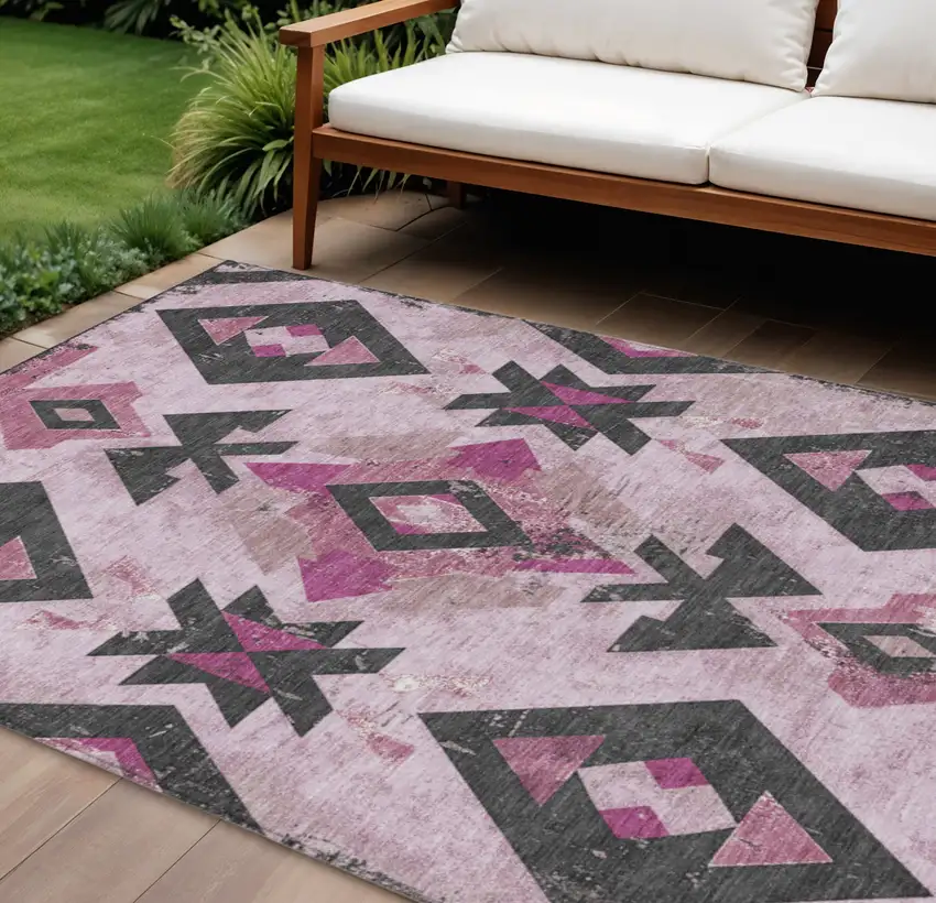 Pink Charcoal And Mauve Aztec Washable Indoor Outdoor Area Rug Photo 2