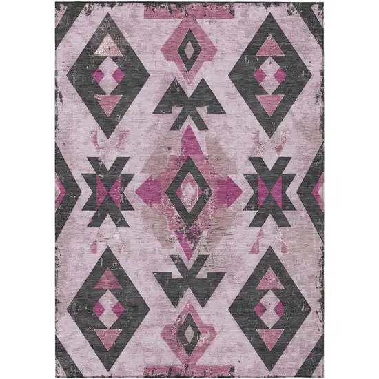 Pink Charcoal And Mauve Aztec Washable Indoor Outdoor Area Rug Photo 1
