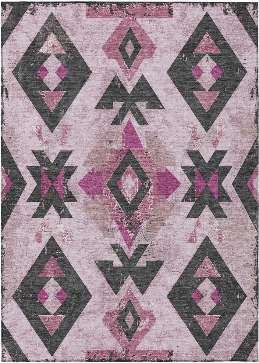 Pink Charcoal And Mauve Aztec Washable Indoor Outdoor Area Rug Photo 1