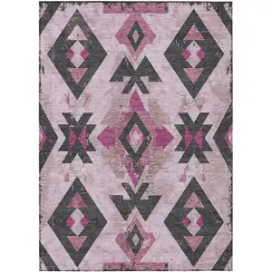 Photo of Pink Charcoal And Mauve Aztec Washable Indoor Outdoor Area Rug