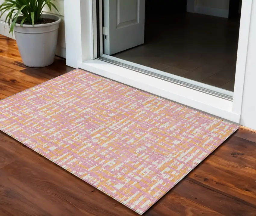 Pink Copper And Beige Abstract Washable Indoor Outdoor Area Rug Photo 1