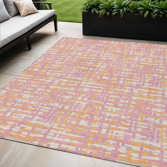 Pink Copper And Beige Abstract Washable Indoor Outdoor Area Rug Photo 1