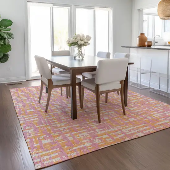 Pink Copper And Beige Abstract Washable Indoor Outdoor Area Rug Photo 9