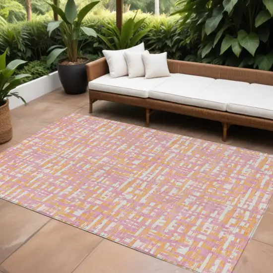 Pink Copper And Beige Abstract Washable Indoor Outdoor Area Rug Photo 1