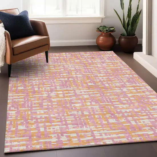 Pink Copper And Beige Abstract Washable Indoor Outdoor Area Rug Photo 8