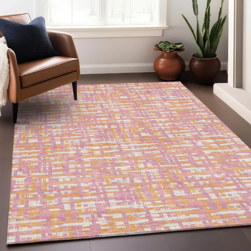 Pink Copper And Beige Abstract Washable Indoor Outdoor Area Rug Photo 8