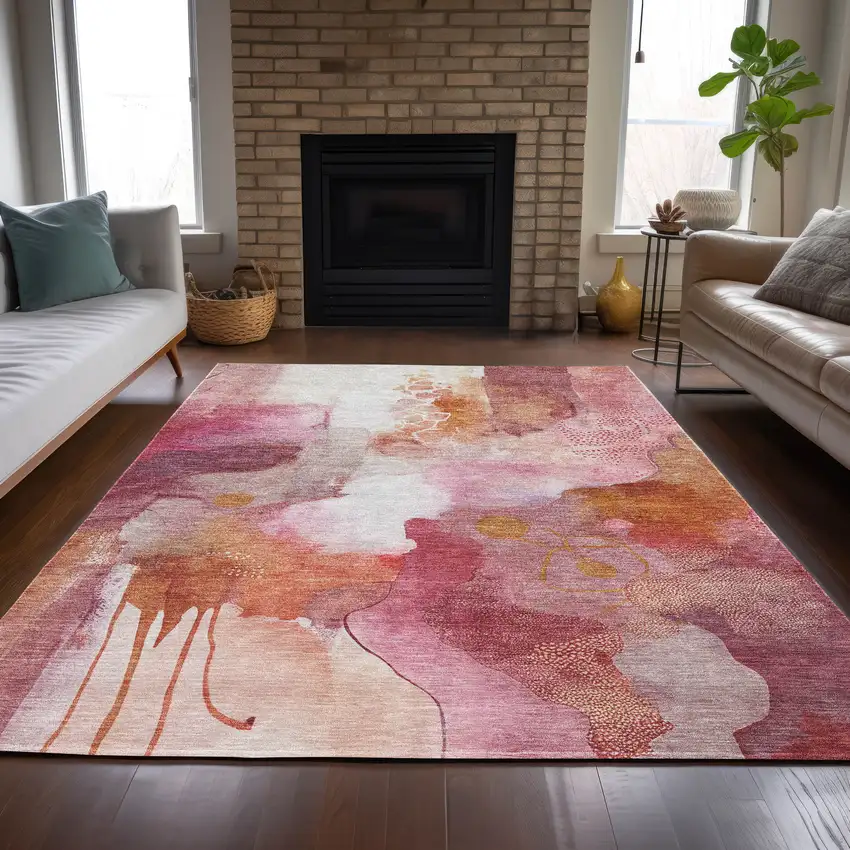 Pink Copper And Ivory Abstract Washable Indoor Outdoor Area Rug Photo 6