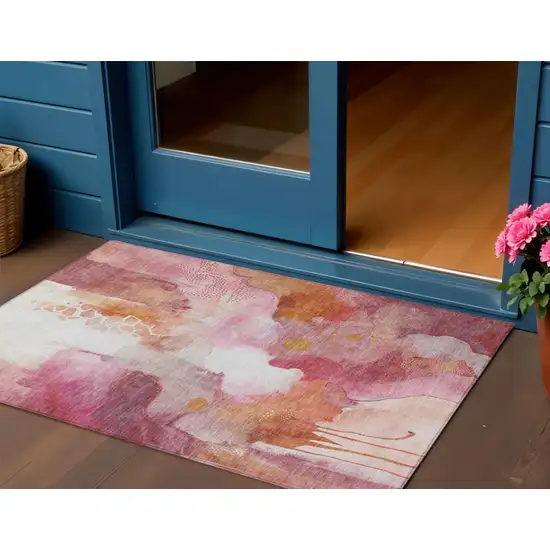 Pink Copper And Ivory Abstract Washable Indoor Outdoor Area Rug Photo 2