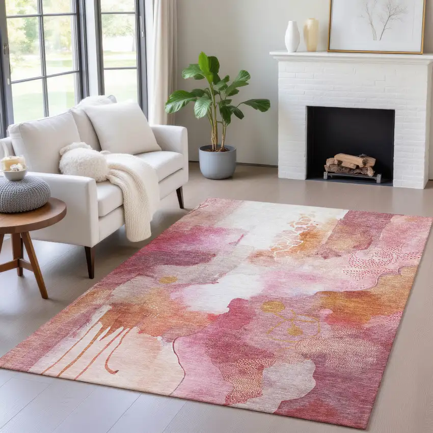 Pink Copper And Ivory Abstract Washable Indoor Outdoor Area Rug Photo 6