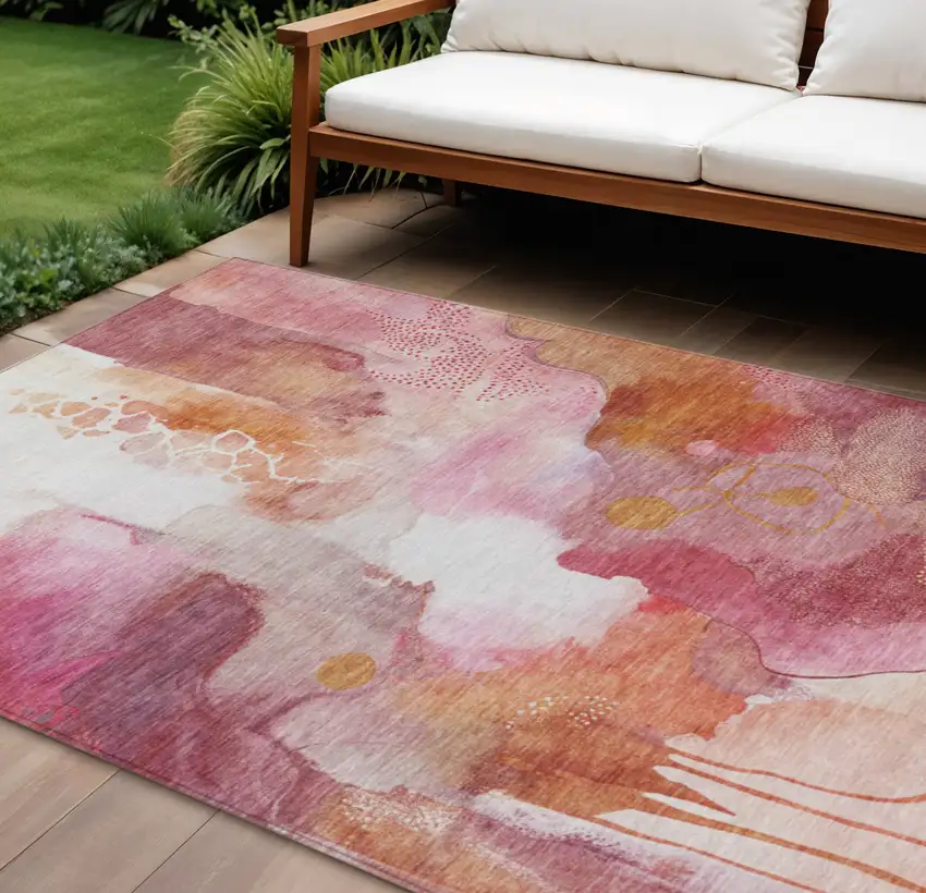 Pink Copper And Ivory Abstract Washable Indoor Outdoor Area Rug Photo 2